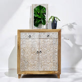 Indian Furniture Hand Carved Solid Wood Cabinet Whitewash